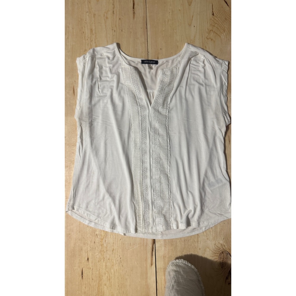 Cable & Gauge Womens Large White Crochet Trim Cap Sleeve V-Neck Boho Blouse Top
